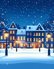 雪が降る街並み　冬の風景クリスマスイラスト素材