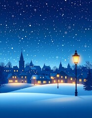 雪が降る街並み　冬の風景クリスマスイラスト素材