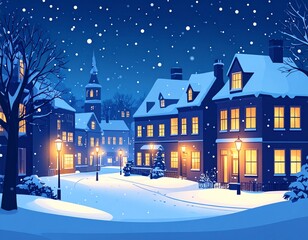 雪が降る街並み　冬の風景クリスマスイラスト素材