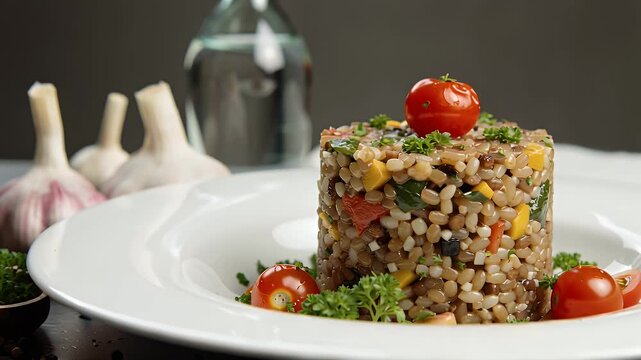 Vibrant Bulgur Tabbouleh Cylinder Salad Mounded Elegantly on White Plate