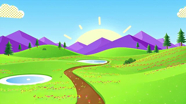 Vibrant Cartoon Countryside Landscape with Winding Dirt Path through Flowering Fields and Purple Mountains