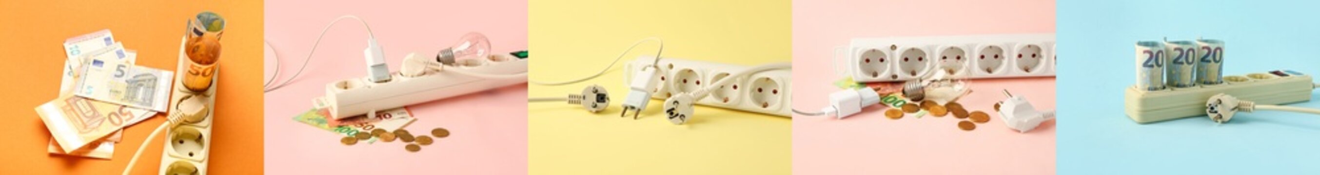 Collage with extension cords and money on color background. Electricity bills concept