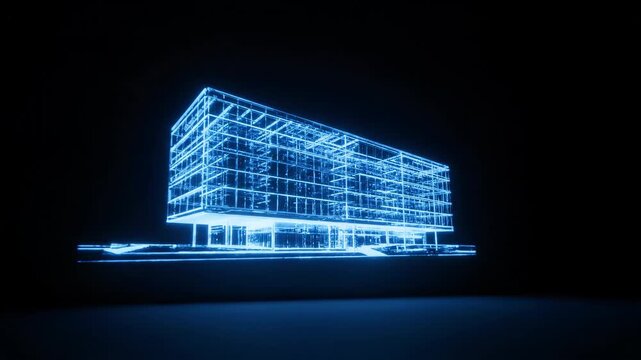 Blue wireframe architectural building model rotating on dark background. Digital schematic drawing for construction design and engineering footage.