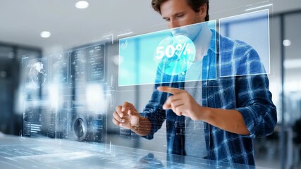 A focused male professional uses advanced holographic touchscreen panels to analyze information and monitor digital progress. The workspace emphasizes cutting edge innovation and immersive tech trends - Powered by Adobe