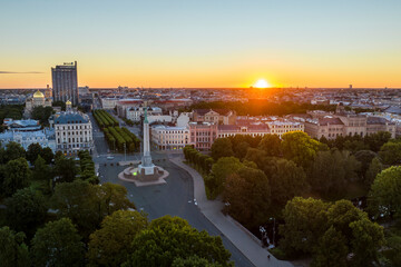 Birds eye view of the old city of Riga and statue of liberty - Milda.