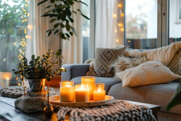 Cozy Living Room with Candles and Warm Lighting