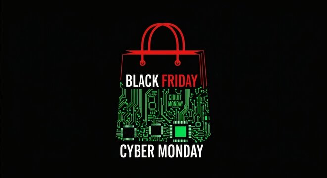 Cyber Monday Black Friday Merge Logo - Shopping Bag Circuit Board Vector Icon for Digital E-commerce Sale Event