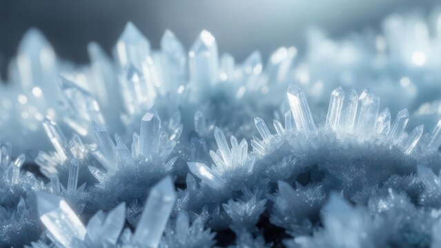 Close-up of numerous translucent crystals, sharply pointed, clustered together