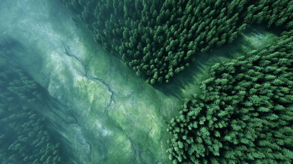 Aerial view of forest terrain with satellite image animation overlay for environmental analysis