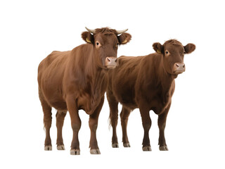 Fototapeta premium Two brown cows are standing side by side, showcasing their natural appearance in a simple setting.