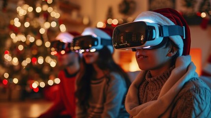 Family Watching Virtual Christmas Celebration in VR