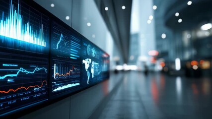Large digital panels showcase live trading charts, financial statistics, global market data in sleek, high tech office corridor. Scene captures fast paced, data driven world modern finance - Powered by Adobe
