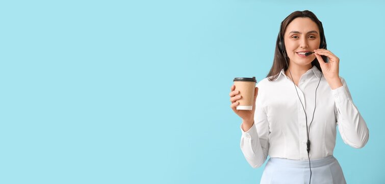 Female business speaker in headset and with cup of coffee on blue background with space for text
