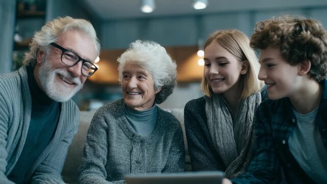 A joyful family gathering with grandparents and teenage grandchildren sharing a moment of laughter and connection. Warm home atmosphere highlights love, togetherness, and positive relationships