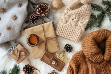 Cozy Eco Christmas Gift Flat Lay with Knitwear and Natural Decor