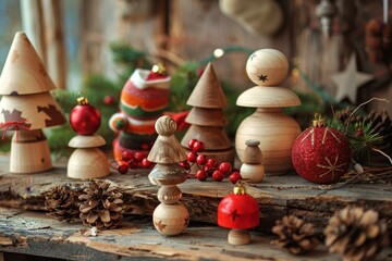 Handcrafted Wooden Christmas Decorations on Rustic Table