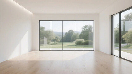 Fototapeta premium A spacious room with large glass windows showing a green outdoor view, featuring wooden flooring and a minimalist design.