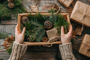 Hands Arranging Eco-Friendly Christmas Gift Basket