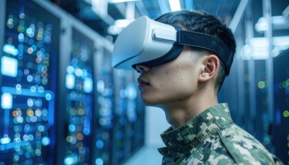 Soldier using virtual reality headset explores digital defense simulation environment symbolizing cyber training and future military technology integration