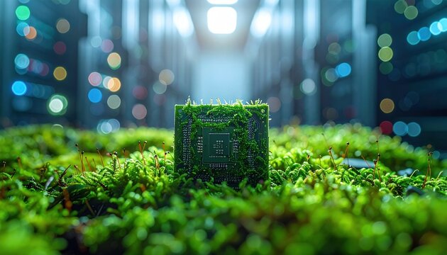 Computer chip covered with moss inside data center visualizing concept of green technology eco computing sustainability and nature integration in modern digital infrastructure