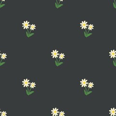 Minimal seamless pattern with small white daisies and green leaves on dark background