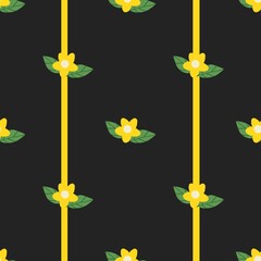 Seamless floral pattern with yellow flowers and green leaves on a dark background with vertical stripes. Elegant botanical design for fabric, wallpaper, or wrapping paper
