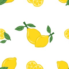 Seamless lemon pattern on white background with bright yellow lemons and green leaves. Fresh citrus fruit design for kitchen decor, wrapping paper, fabric, and summer textile prints