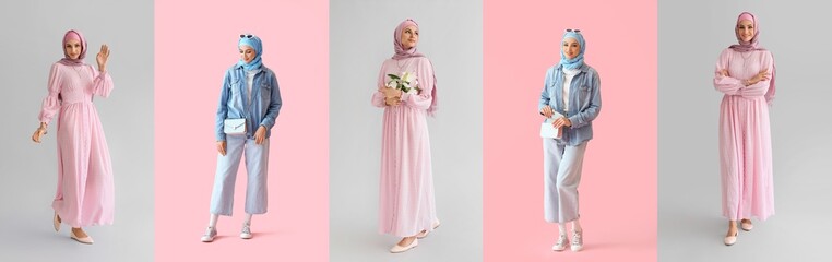 Collage of stylish Muslim woman on grey and pink backgrounds