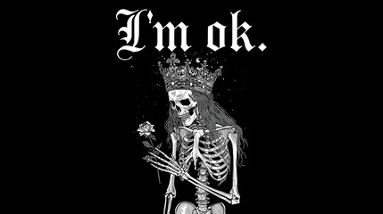 A skeleton queen wea a crown and holding a rose proclaims I'm ok against a dark background, displaying a melancholic yet resilient sentiment perfectly.