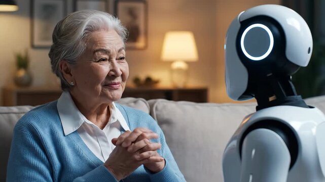 Senior woman with a robot on a couch, a futuristic service in smart home care, interaction between human and artificial intelligence footage.