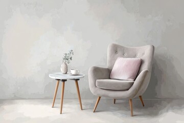 Fototapeta premium digital painting of cozy armchair with small side table, pastel soft gray background, minimal cafe corner illustration 