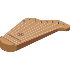 Wooden musical instrument with strings arranged in a unique pattern on a transparent background