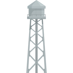 Cartoon style illustration of a tall gray industrial water tower with a conical roof and metal support structure on a transparent background