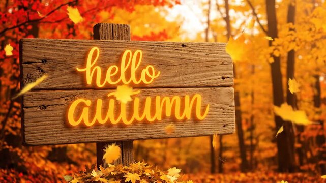 Hello autumn wooden sign with falling leaves animation in a vibrant fall forest background for seasonal transition footage