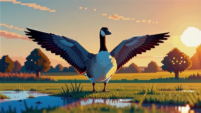 Pixelated goose wingspread sunset over pond reflection bird meadow sunrise wingspread pond bird