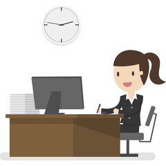 Cartoon Woman in Black Suit Working at Desk with Computer and Stack of Papers in Office Setting with Clock on Wall