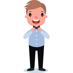 Cheerful young man with light brown hair adjusts his black bowtie and wears a light blue collared shirt and black pants a playful cartoon illustration
