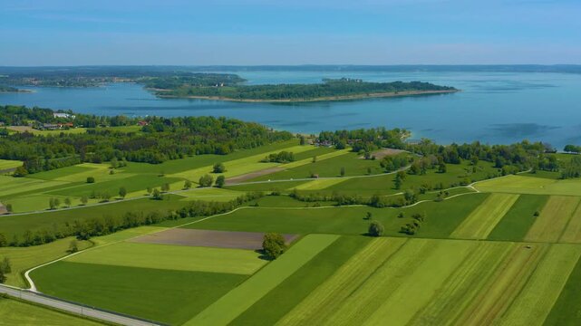 Aerial view around the village Weisham, Bernau am Chiemsee in Germany, Bavaria on a sunny spring day.