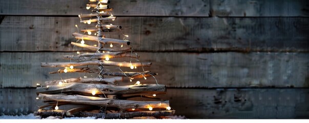 Minimal Christmas Tree Made of Driftwood and Fairy Lights