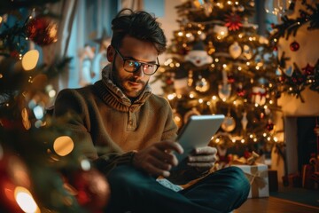 Man Using Tablet Beside Christmas Tree with Warm Lights