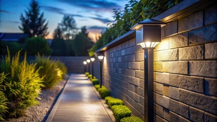 Obraz premium Darkened landscape with solar powered LED light and motion sensor installed on a wall, illuminating a pathway at night, autonomous lighting, ambient glow
