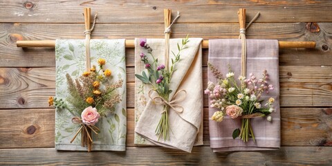 Obraz premium Vintage-inspired tea towel with a soft pastel color palette and whimsical floral designs, tied around a wooden dowel with a few dried flowers and greenery, natural fabrics, decorative accents