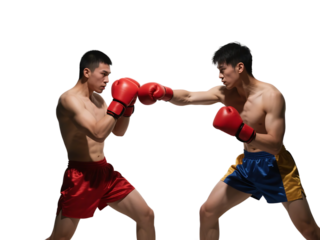 Two boxers in red gloves are engaged in an intense boxing match, showcasing their athleticism and combat skills.