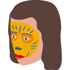 Woman With Yellow Face Paint Resembling A Tiger With Dark Brown Hair And Red Lips Isolated On White Background