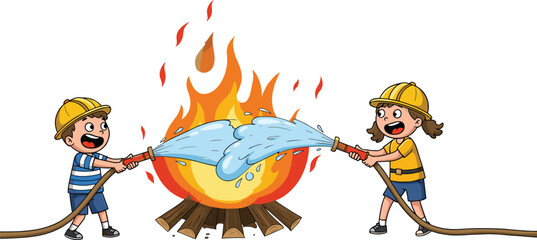 children, fire, safety, firefighter, hose, water, flames, prevention, emergency, cartoon, illustration, vector, design, creative, element, awareness, education, activity, teamwork, concept