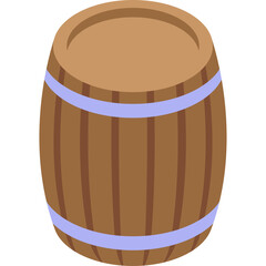 Wooden Barrel with Blue Bands Standing Upright on a Transparent Background Minimalist Style Vector Illustration