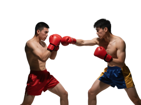 Two boxers in red gloves are engaged in an intense boxing match, showcasing their athleticism and combat skills.