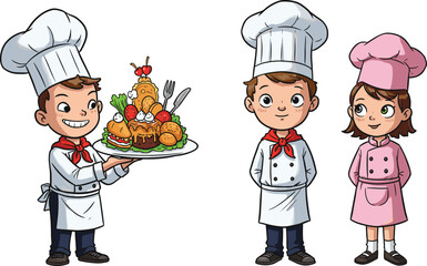 children, chef, cooking, food, kitchen, culinary, restaurant, uniform, cartoon, illustration, vector, design, creative, element, lifestyle, learning, activity, fun, teamwork, concept