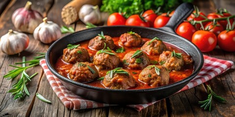 Meatballs in Cast Iron Skillet with Tomato Sauce, Aromatic Herbs and Garlic , garlic, kitchen,  garlic, kitchen