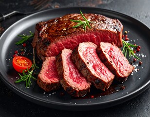 Juicy Cut Grilled Steak Slices with Fresh Rosemary and Tomato